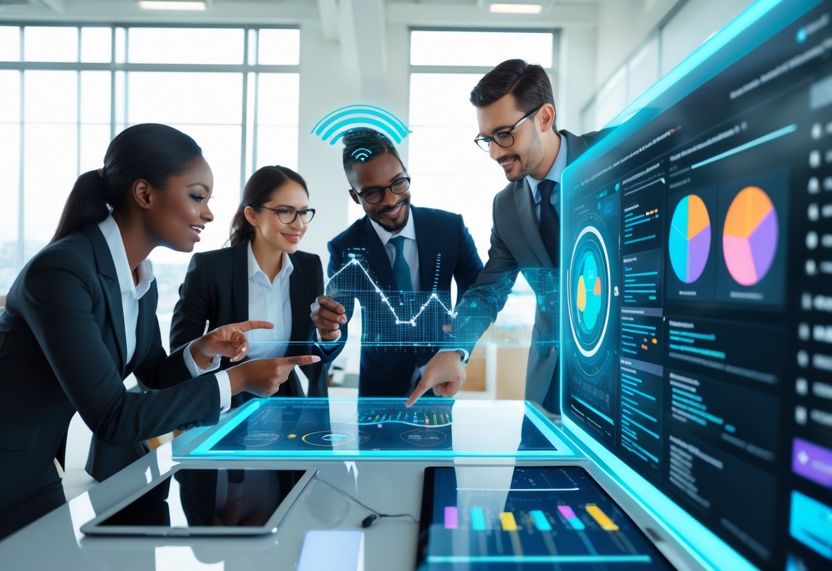 Un groupe de professionnels collaborant autour d'une table numérique affichant des données et un assistant IA holographique dans un bureau moderne.