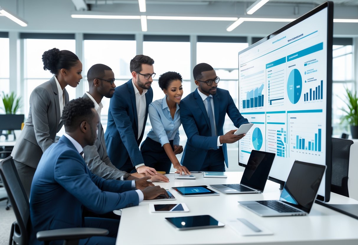 Une équipe de professionnels analysant ensemble des documents numériques dans un bureau moderne.