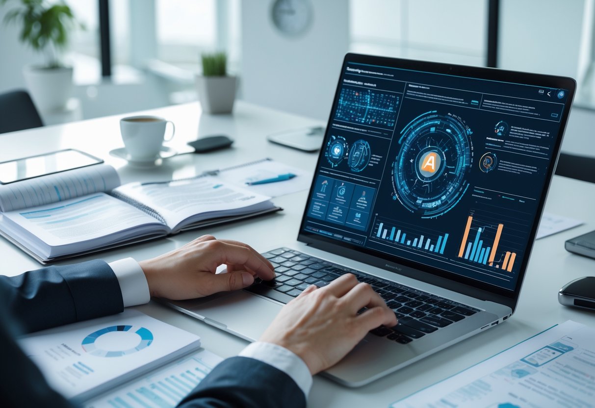 Un espace de travail moderne avec un ordinateur portable, des documents techniques et des mains tapant sur le clavier, illustrant la rédaction d’un mémoire technique avec l’IA.
