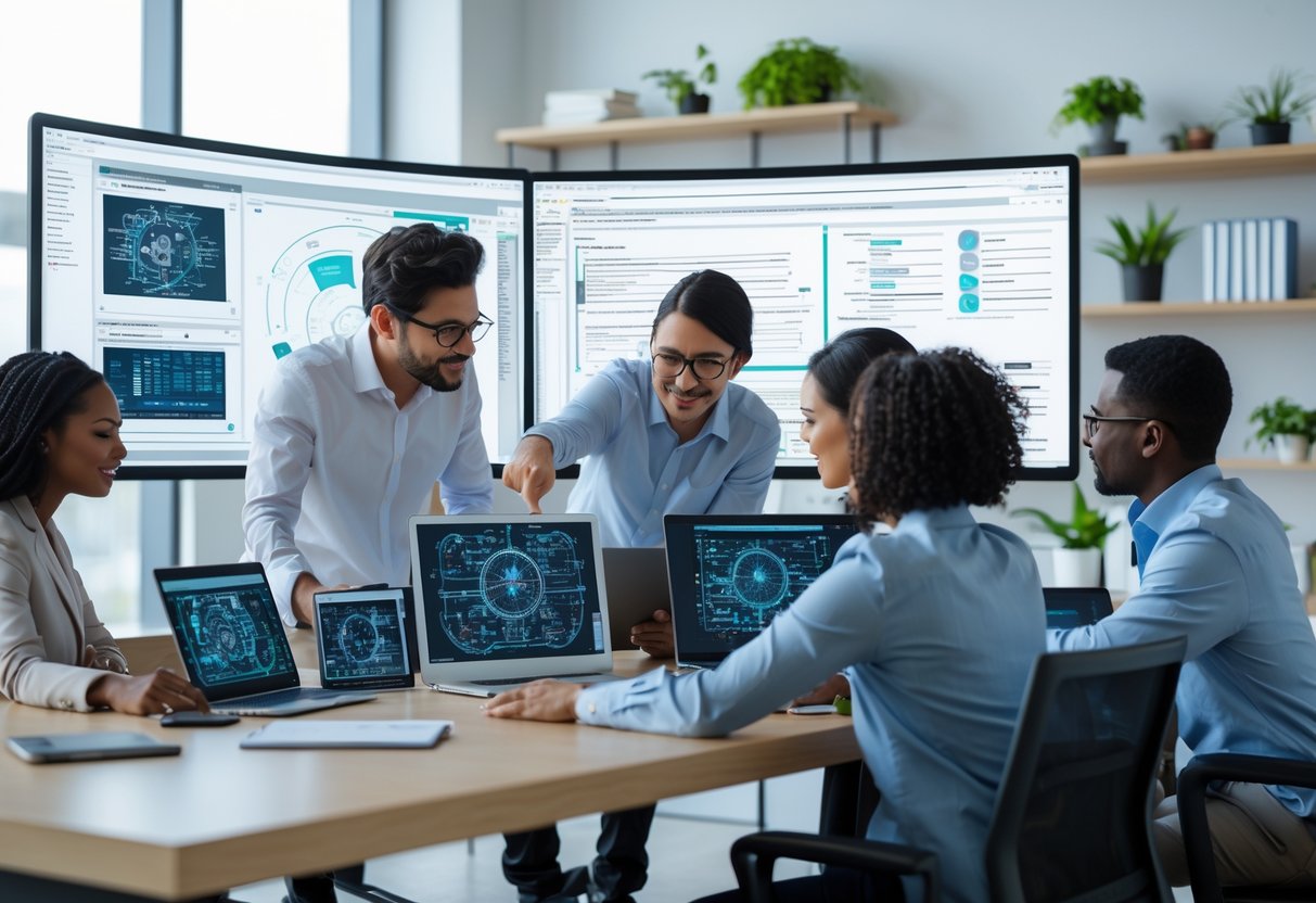 Des professionnels collaborent dans un bureau moderne, utilisant des ordinateurs pour rédiger un document technique avec l’aide de l’intelligence artificielle.