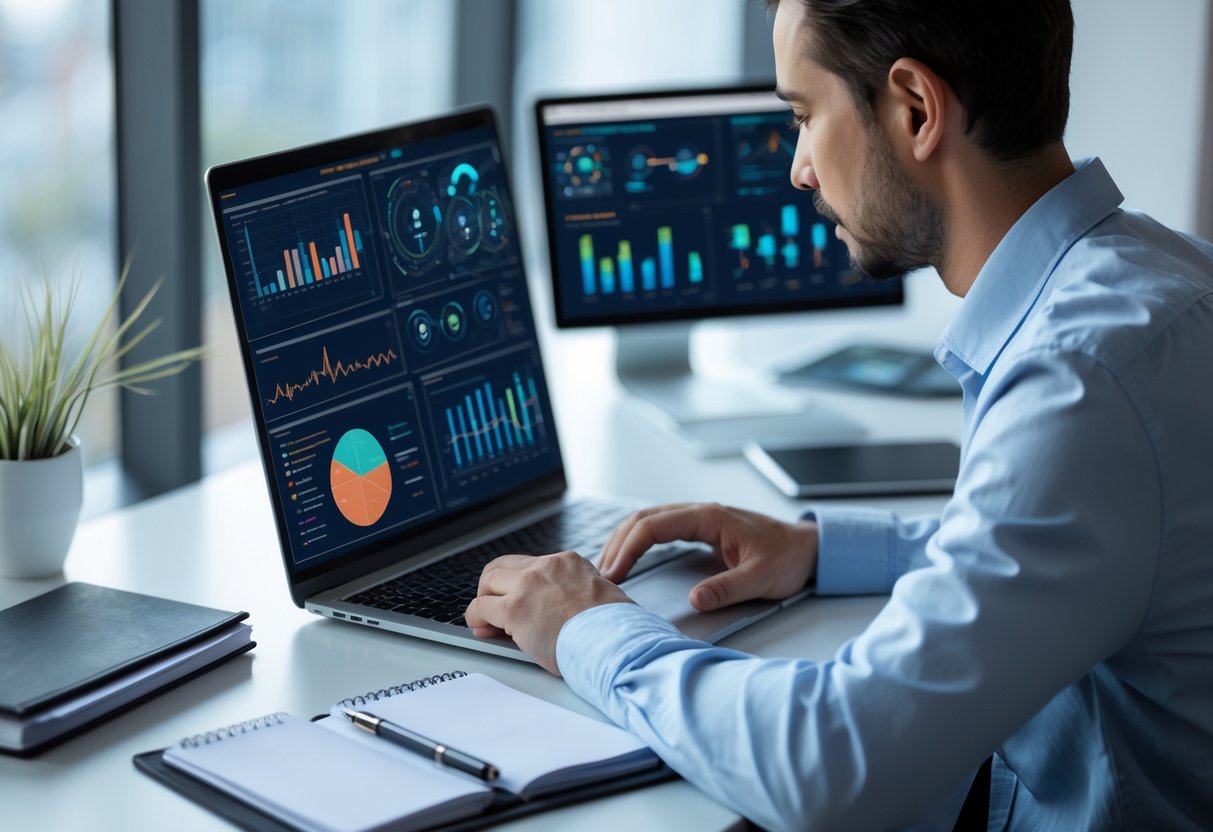 Personne concentrée travaillant sur un ordinateur portable dans un bureau moderne, entourée d'écrans montrant des graphiques et des interfaces liées à l'IA.