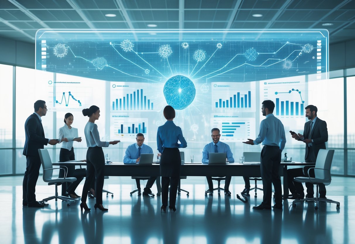 Des professionnels en réunion dans une salle de conférence moderne, analysant des graphiques et des données sur des écrans numériques représentant l'intelligence artificielle et la compétitivité des prix.