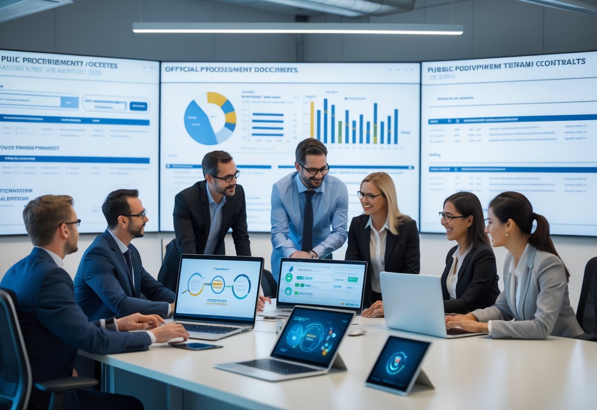 Des professionnels collaborent autour d'un bureau avec des ordinateurs et des écrans affichant des données, travaillant sur des documents liés aux marchés publics avec des outils d'intelligence artificielle.