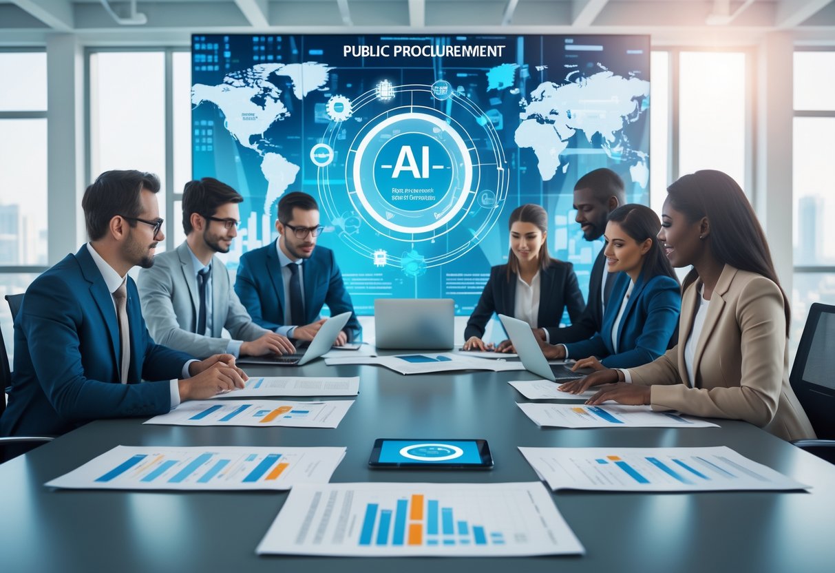 Des professionnels en réunion autour d'une table de conférence avec des ordinateurs et des documents, dans un bureau lumineux avec un écran affichant des graphiques liés à l'intelligence artificielle.