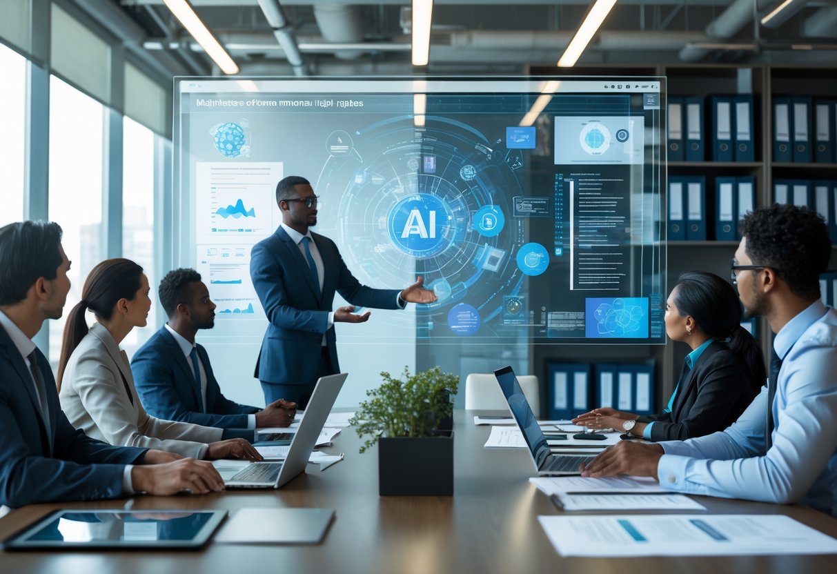 Un groupe de professionnels en réunion dans un bureau moderne, travaillant avec des ordinateurs et des documents autour d'une table, avec un écran numérique affichant des graphiques liés à l'intelligence artificielle.