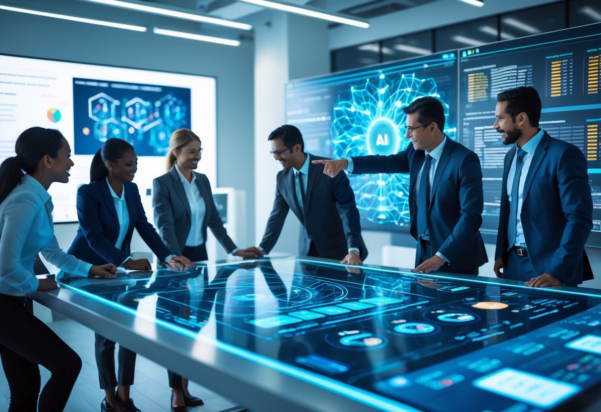 Des professionnels en réunion autour d'une table tactile affichant des graphiques et des données d'analyse pour évaluer des offres.