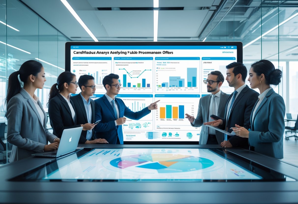 Un groupe de professionnels en réunion autour d'une table numérique affichant des graphiques et des données pour analyser des offres de marchés publics.