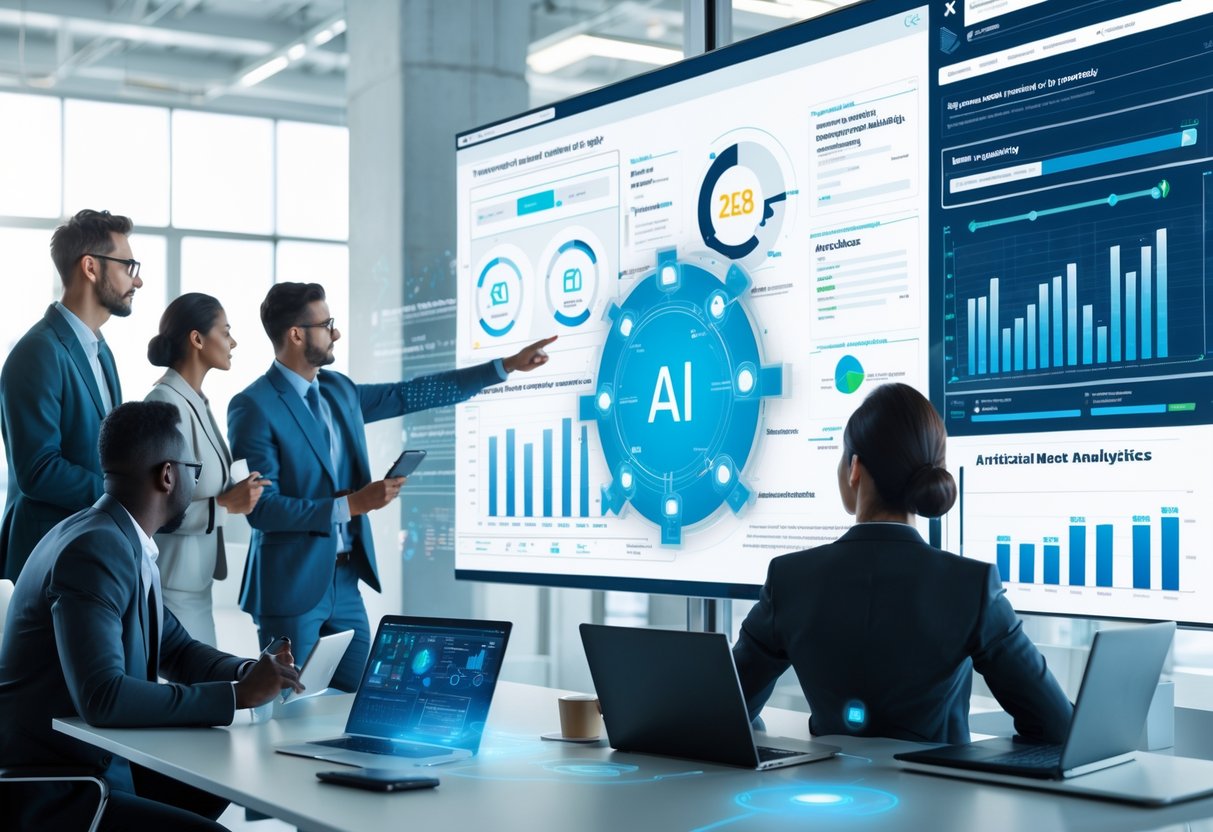 Des professionnels en réunion dans un bureau moderne analysant des données sur un grand écran numérique.