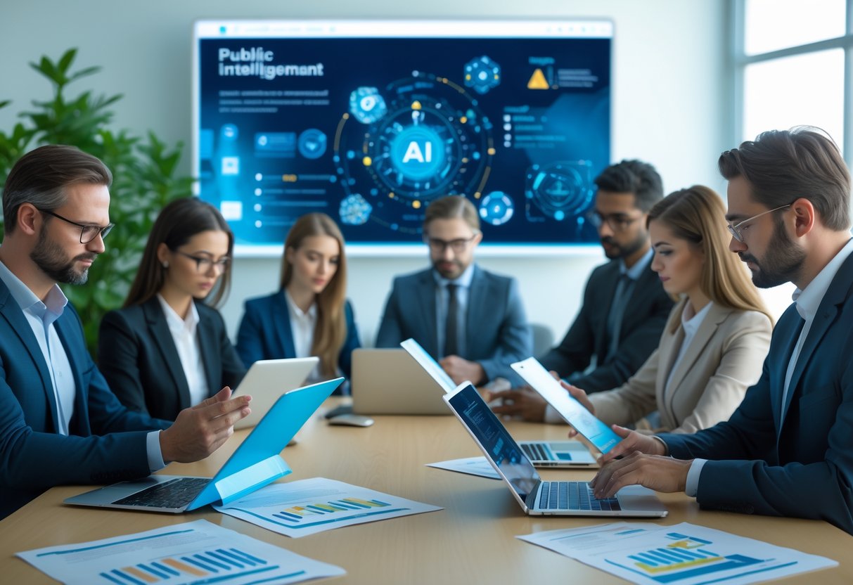 Un groupe de professionnels en réunion autour d'une table avec des documents numériques et des enveloppes transparentes symbolisant l'ouverture des plis dans un bureau moderne.