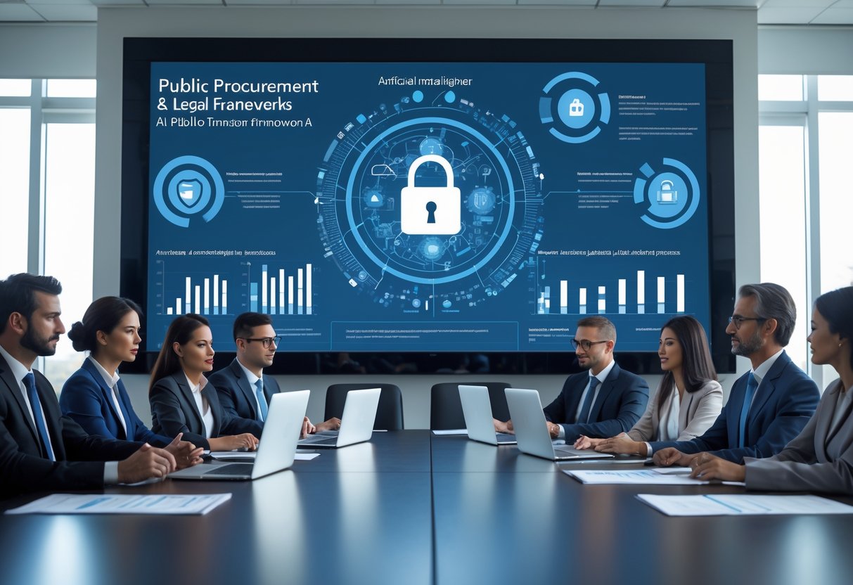 Des professionnels en réunion autour d'une table de conférence avec des documents et des écrans numériques affichant des graphiques liés à l'intelligence artificielle et à la sécurité des données.