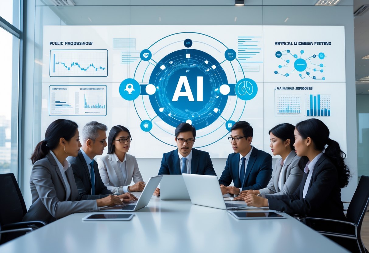 Un groupe de professionnels discutant autour d'une table dans un bureau moderne avec des écrans affichant des graphiques liés à l'intelligence artificielle.