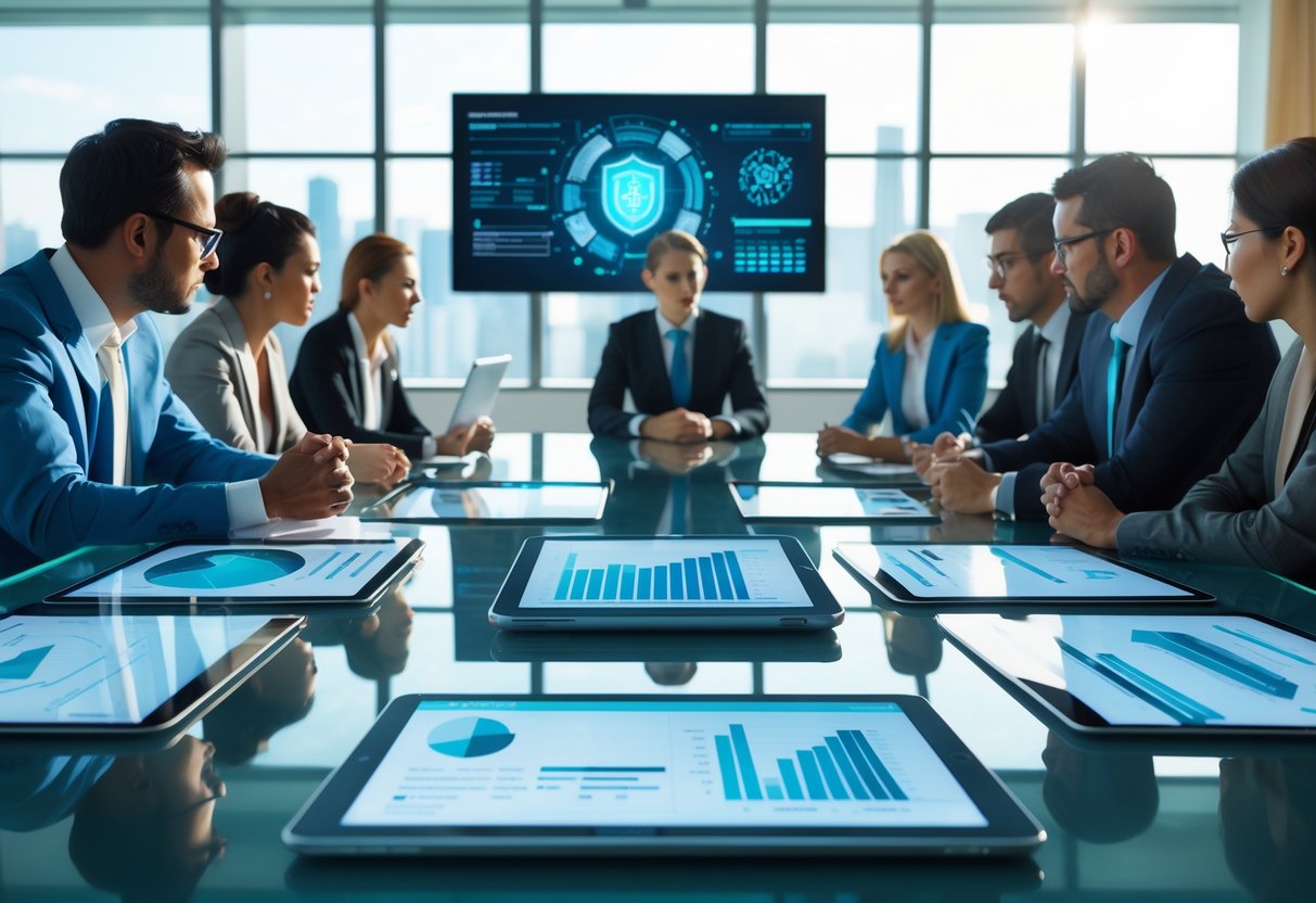 Des professionnels en réunion autour d'une table avec des dossiers transparents et des tablettes numériques, dans une salle lumineuse.