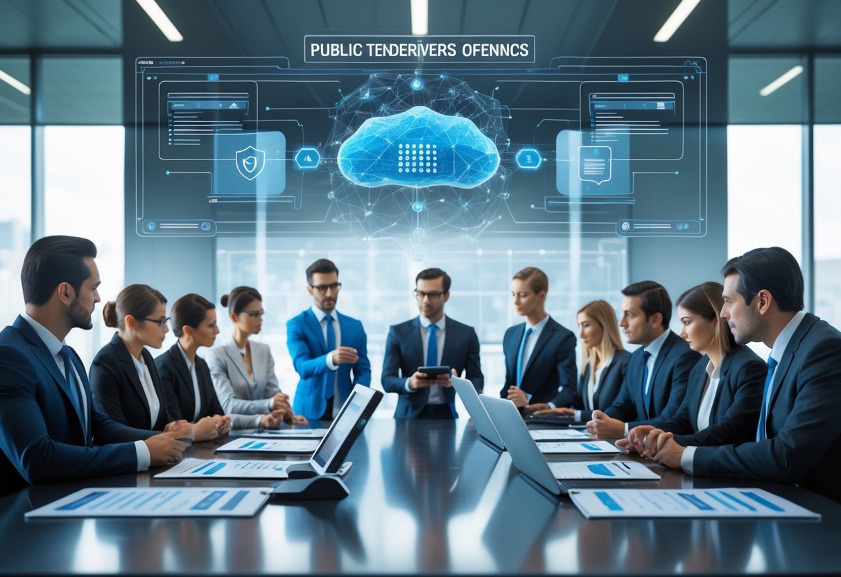 Un groupe de professionnels en réunion autour d'une table avec des ordinateurs et des documents, discutant dans un bureau moderne.