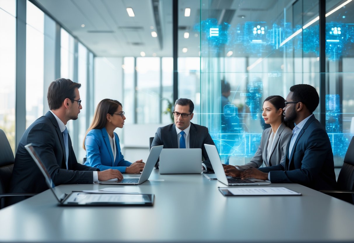 Des professionnels en réunion dans un bureau moderne, discutant de sujets liés à la loi et à l’intelligence artificielle dans les marchés publics.