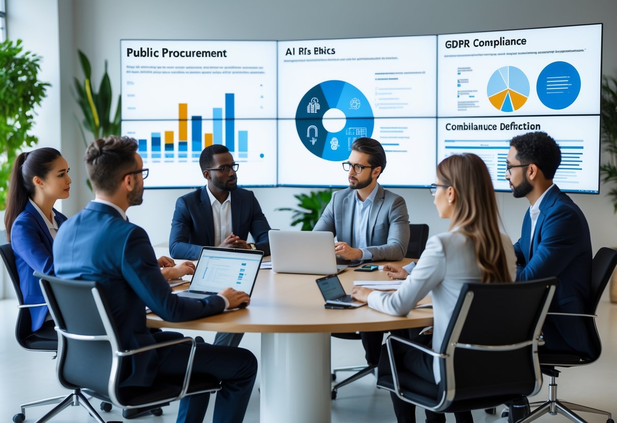 Des professionnels en réunion dans un bureau moderne, discutant de la gestion des risques liés à l'intelligence artificielle dans les marchés publics.