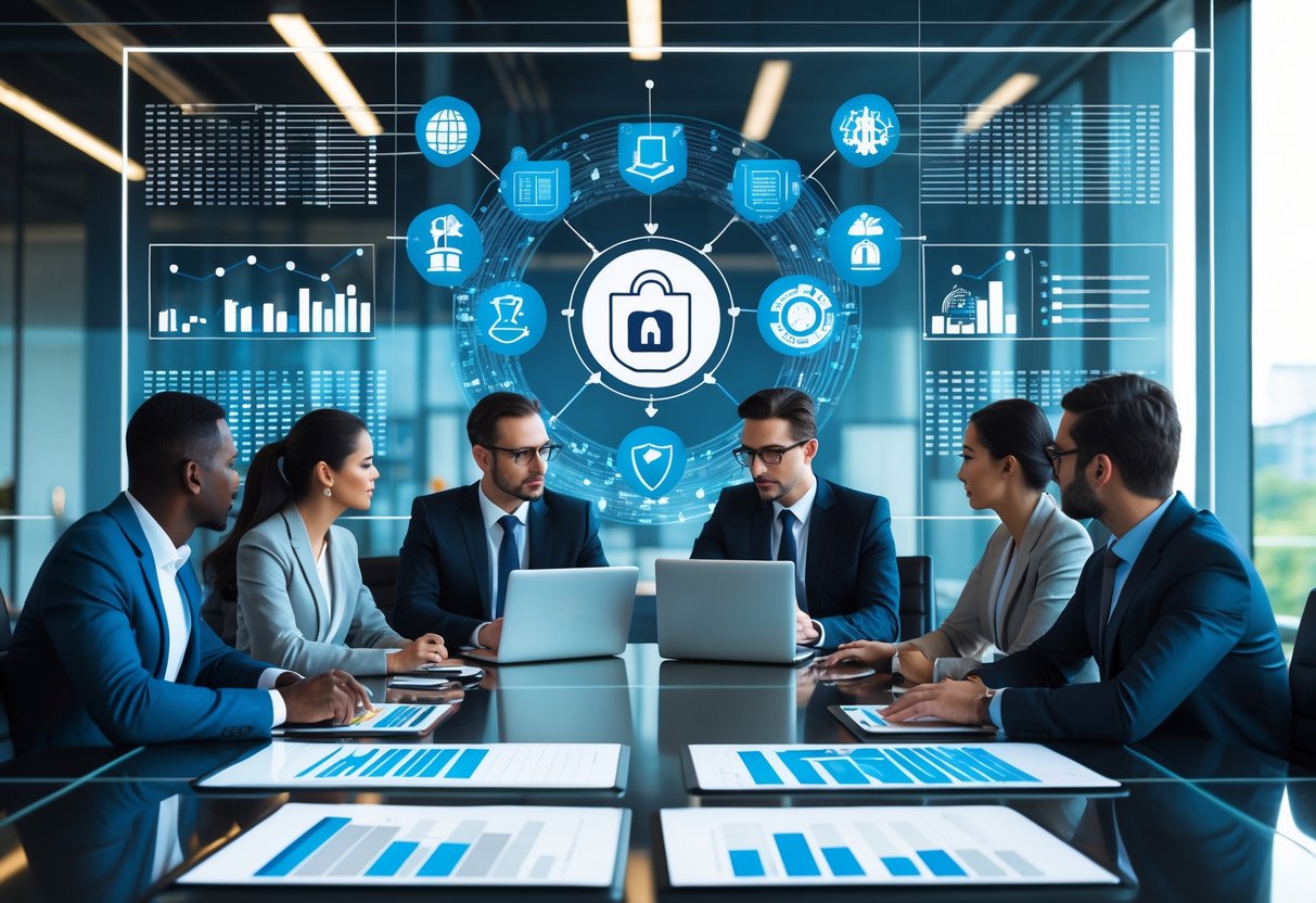 Des professionnels en réunion dans un bureau moderne discutant autour d'une table avec des ordinateurs et des documents, avec des éléments visuels numériques en arrière-plan représentant la protection des données et la responsabilité juridique.