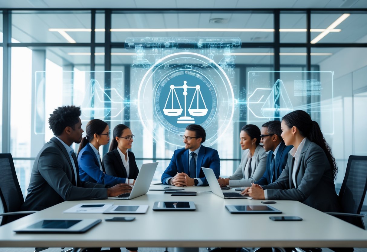 Un groupe de professionnels en réunion dans un bureau moderne, discutant autour d'une table avec des écrans numériques affichant des symboles liés à l'intelligence artificielle et à la justice.