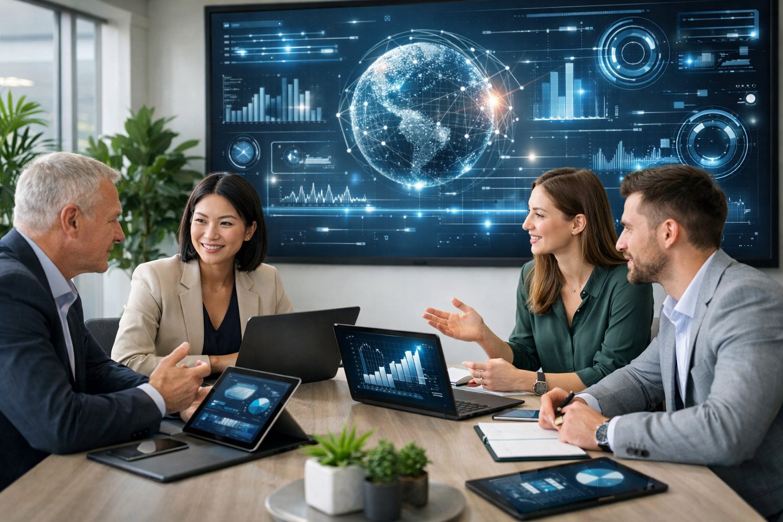 Des professionnels en réunion dans un bureau moderne, collaborant autour d'une table avec des appareils numériques et des graphiques futuristes affichés en arrière-plan.