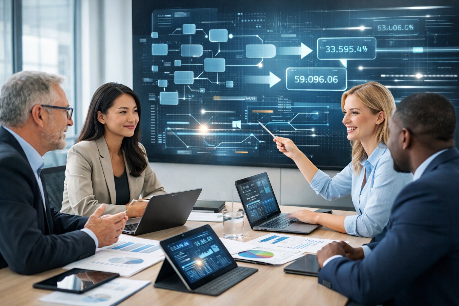 Des professionnels en réunion dans un bureau moderne, discutant autour d'une table avec des ordinateurs et des documents, un écran numérique affiche des graphiques abstraits représentant des codes et des données.