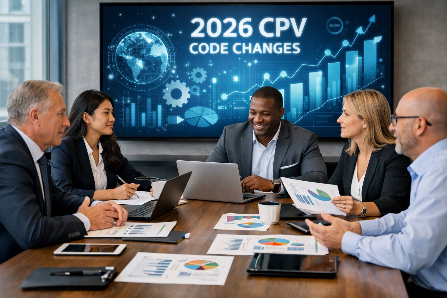 Un groupe de professionnels en réunion dans un bureau moderne, discutant autour d'une table avec des documents et des écrans numériques affichant des graphiques.