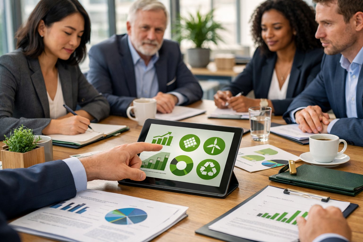 Des professionnels en réunion dans une salle de conférence, analysant des documents et des graphiques liés à des critères techniques et environnementaux.