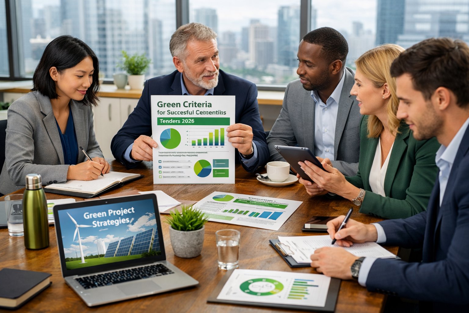 Des professionnels en réunion autour d'une table de bureau avec des ordinateurs portables et des documents, discutant d'un projet lié à des critères écologiques.