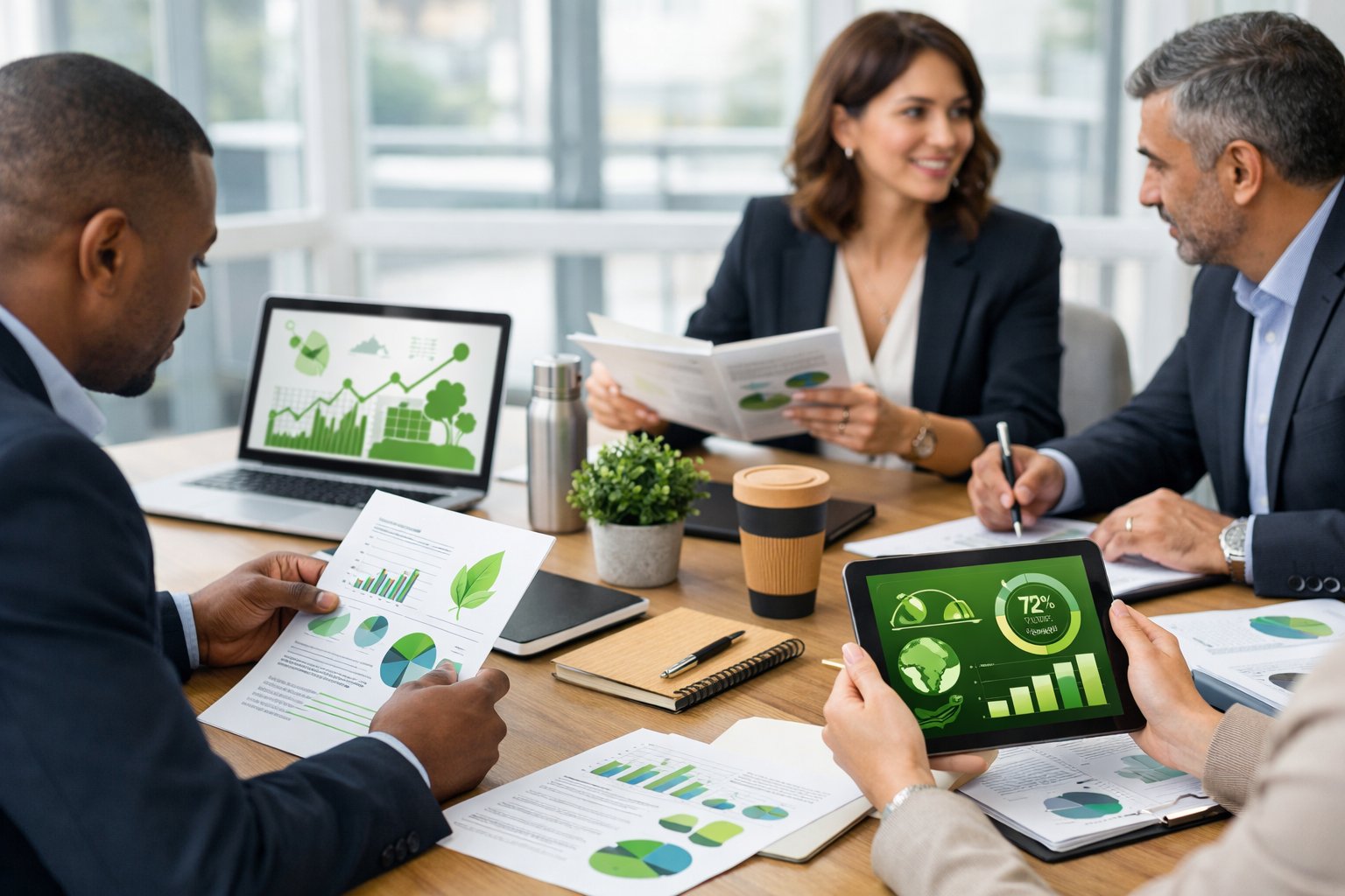 Des professionnels en réunion dans un bureau moderne, examinant des documents et des tablettes numériques avec des graphiques liés à la durabilité.