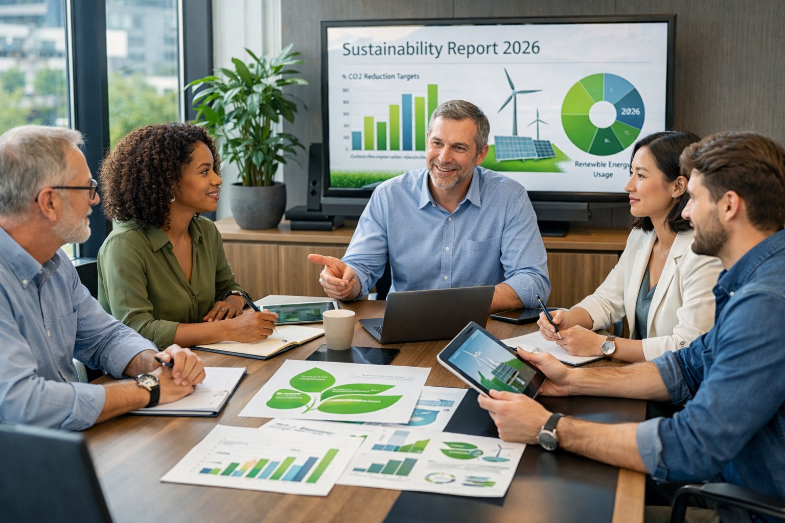Une équipe professionnelle diverse en réunion dans un bureau moderne, travaillant ensemble autour d'une table avec des documents et des ordinateurs, avec des plantes vertes en arrière-plan.