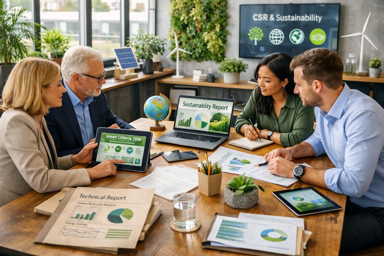Des professionnels en réunion autour d'une table avec des documents et des ordinateurs, dans un bureau lumineux avec des plantes, travaillant sur des critères verts et la responsabilité sociale des entreprises.