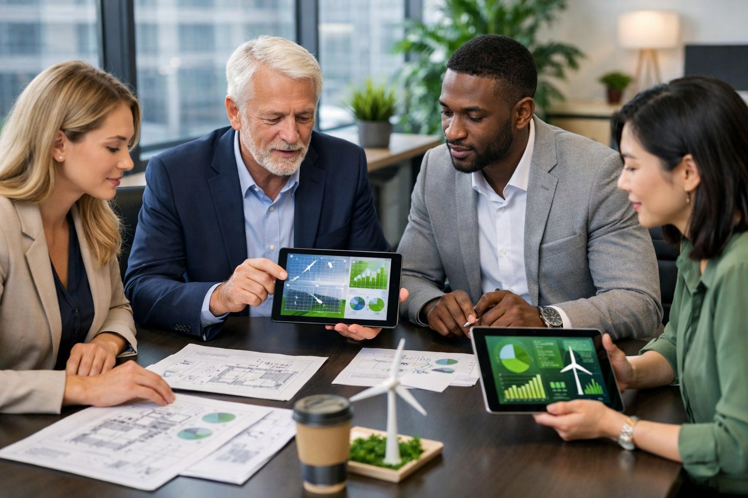 Des professionnels en réunion autour d'une table, examinant des documents techniques et des graphiques liés à des critères environnementaux.