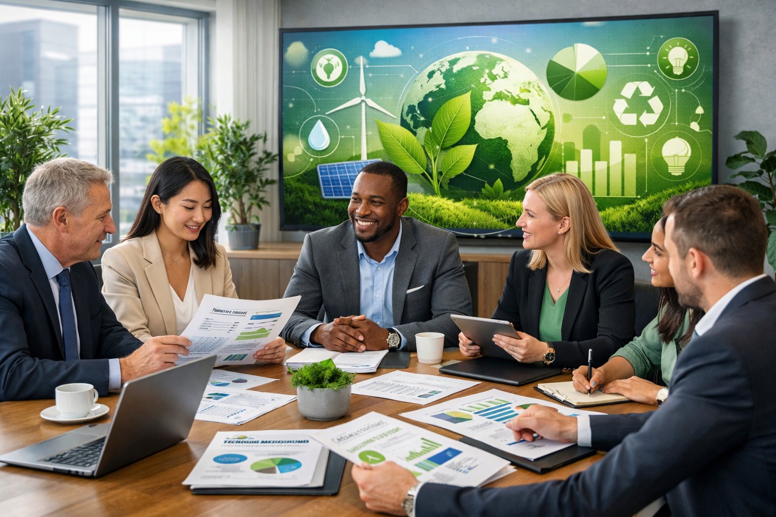 Un groupe de professionnels en réunion dans un bureau moderne, discutant autour d'une table avec des ordinateurs et des documents, avec des plantes et un écran affichant des graphiques en arrière-plan.