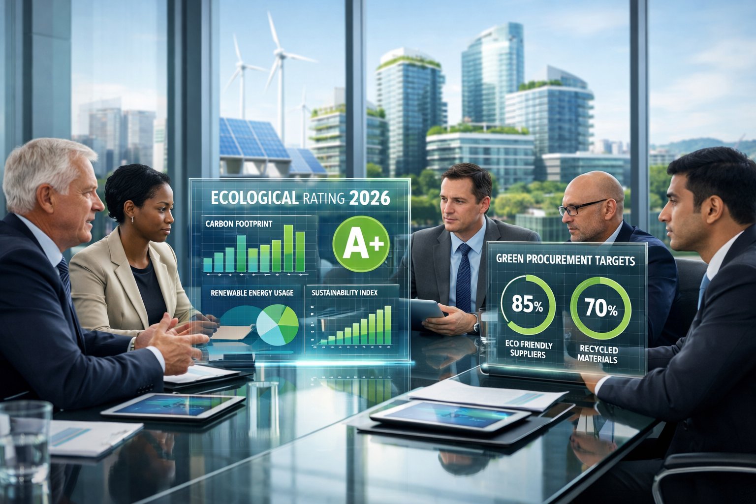 Des professionnels en réunion autour d'une table avec des écrans affichant des données écologiques, dans un bureau moderne avec une vue sur une ville verte.