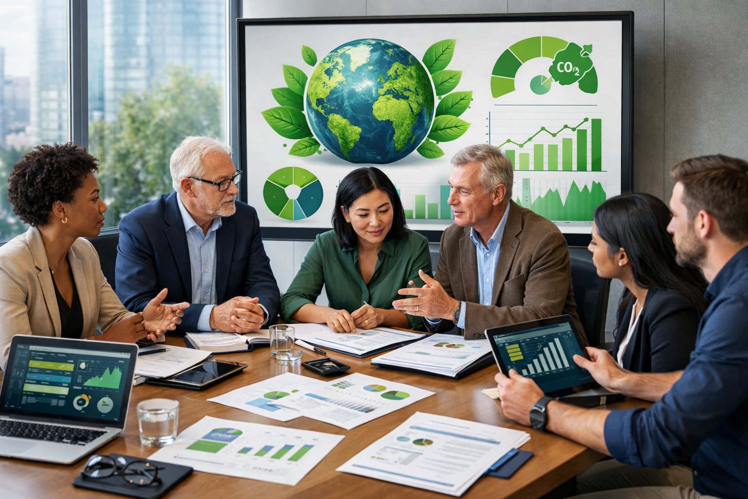Un groupe de professionnels en réunion dans une salle de conférence, discutant des critères écologiques pour la sélection des offres publiques.