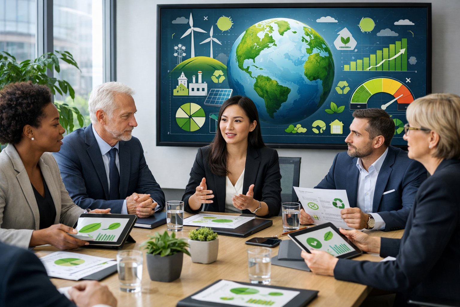 Un groupe de professionnels en réunion autour d'une table de conférence, discutant des critères écologiques pour les achats publics, avec des écrans et des documents affichant des graphiques et des symboles liés à l'environnement.