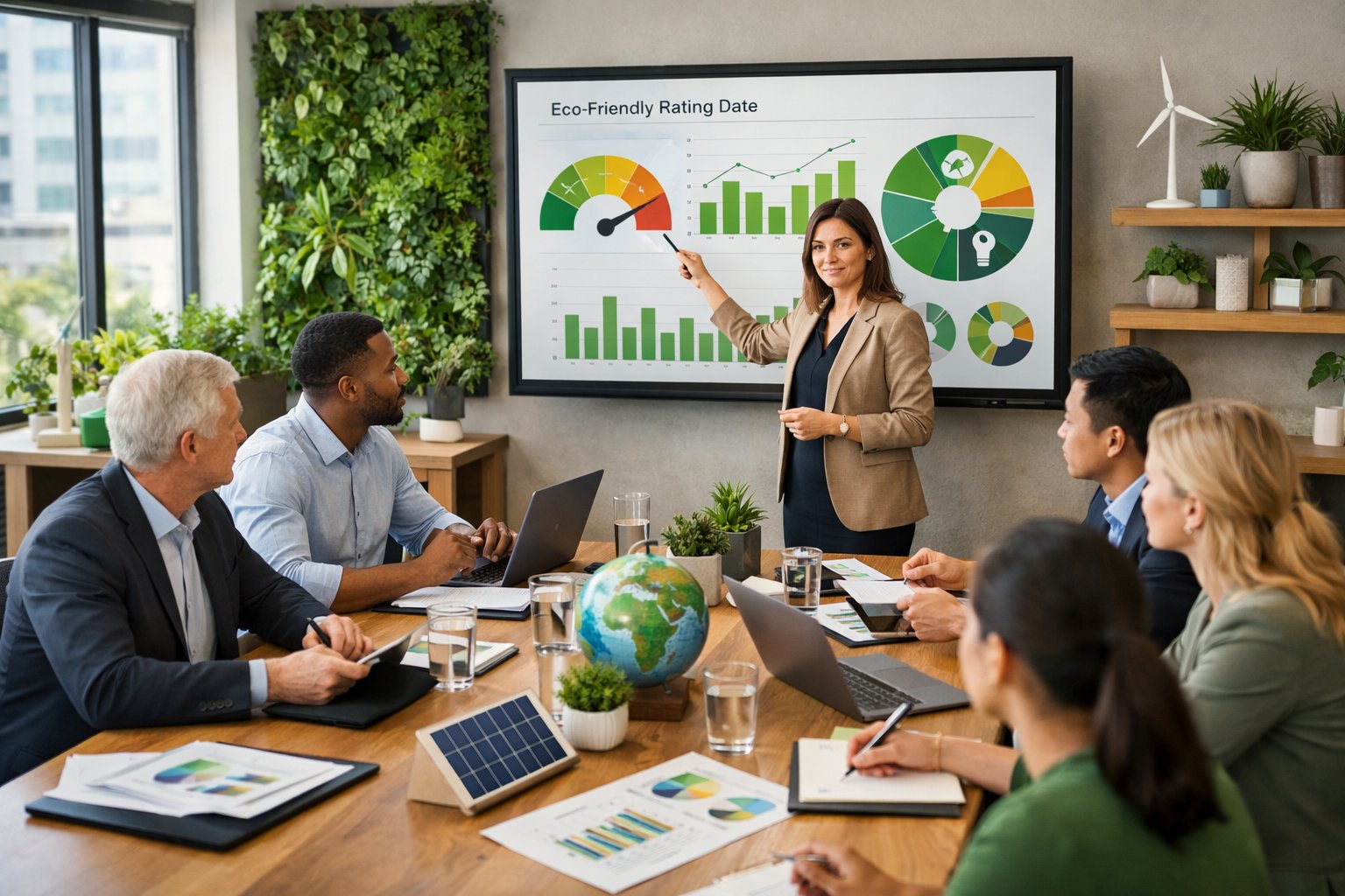 Des professionnels en réunion dans un bureau moderne discutent de données environnementales sur un écran, avec des plantes vertes autour.