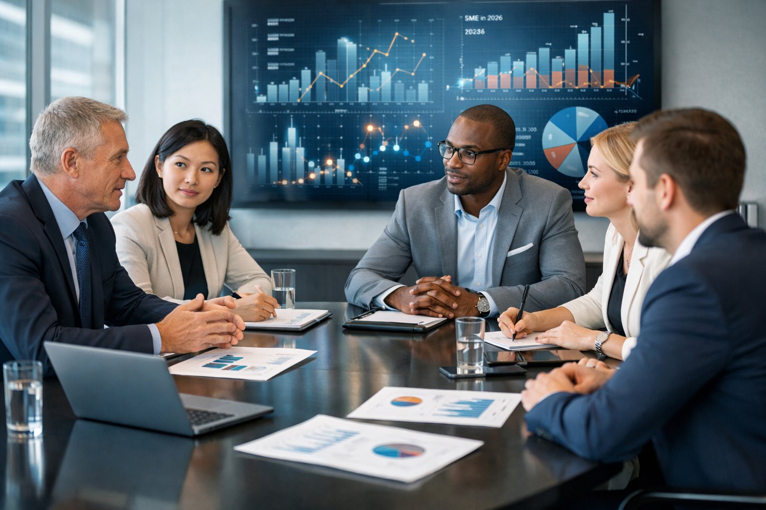 Un groupe de professionnels en réunion autour d'une table de conférence, analysant des documents et des données financières dans un bureau moderne.