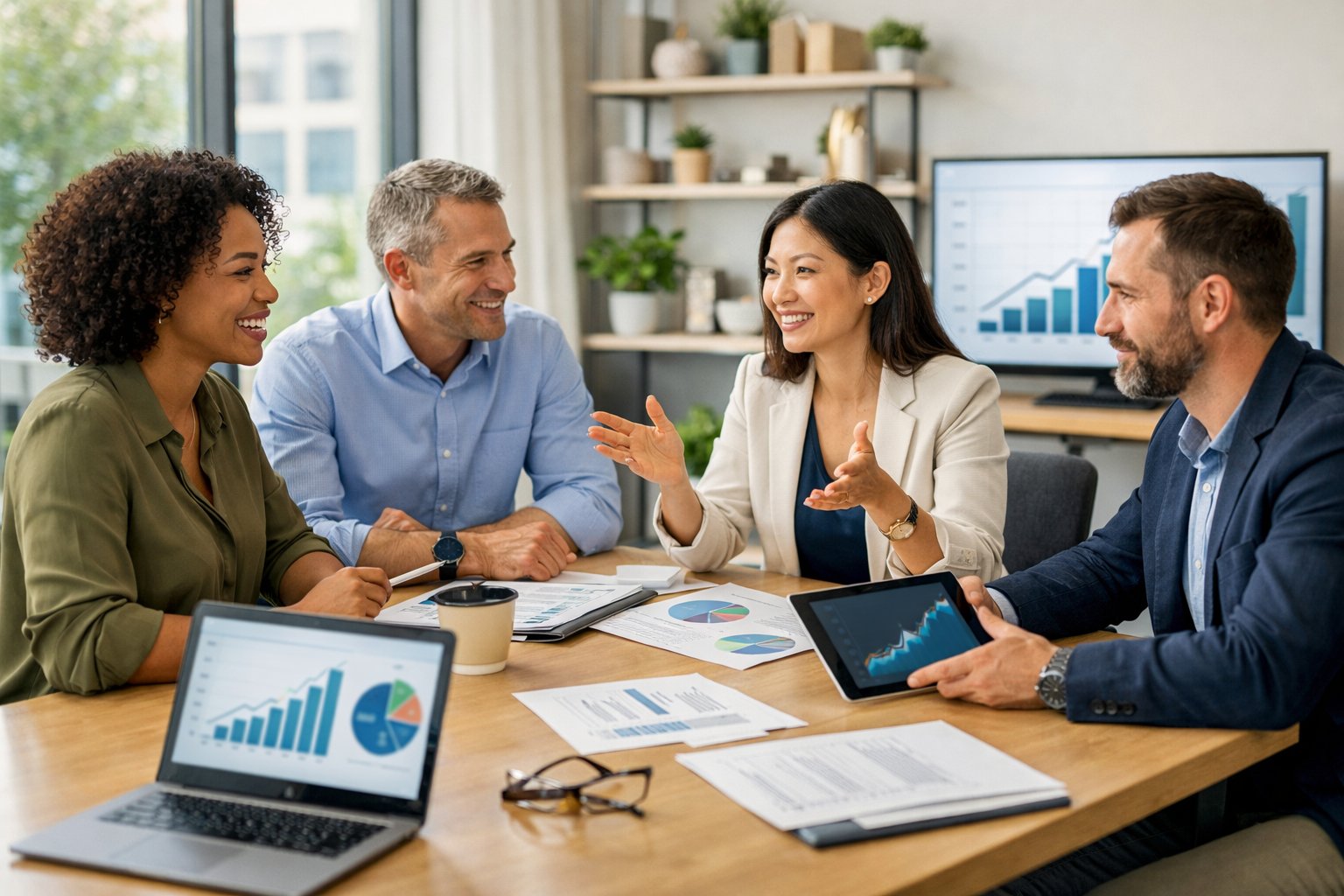 Un groupe de professionnels en réunion dans un bureau moderne, discutant de nouvelles opportunités pour les petites entreprises.