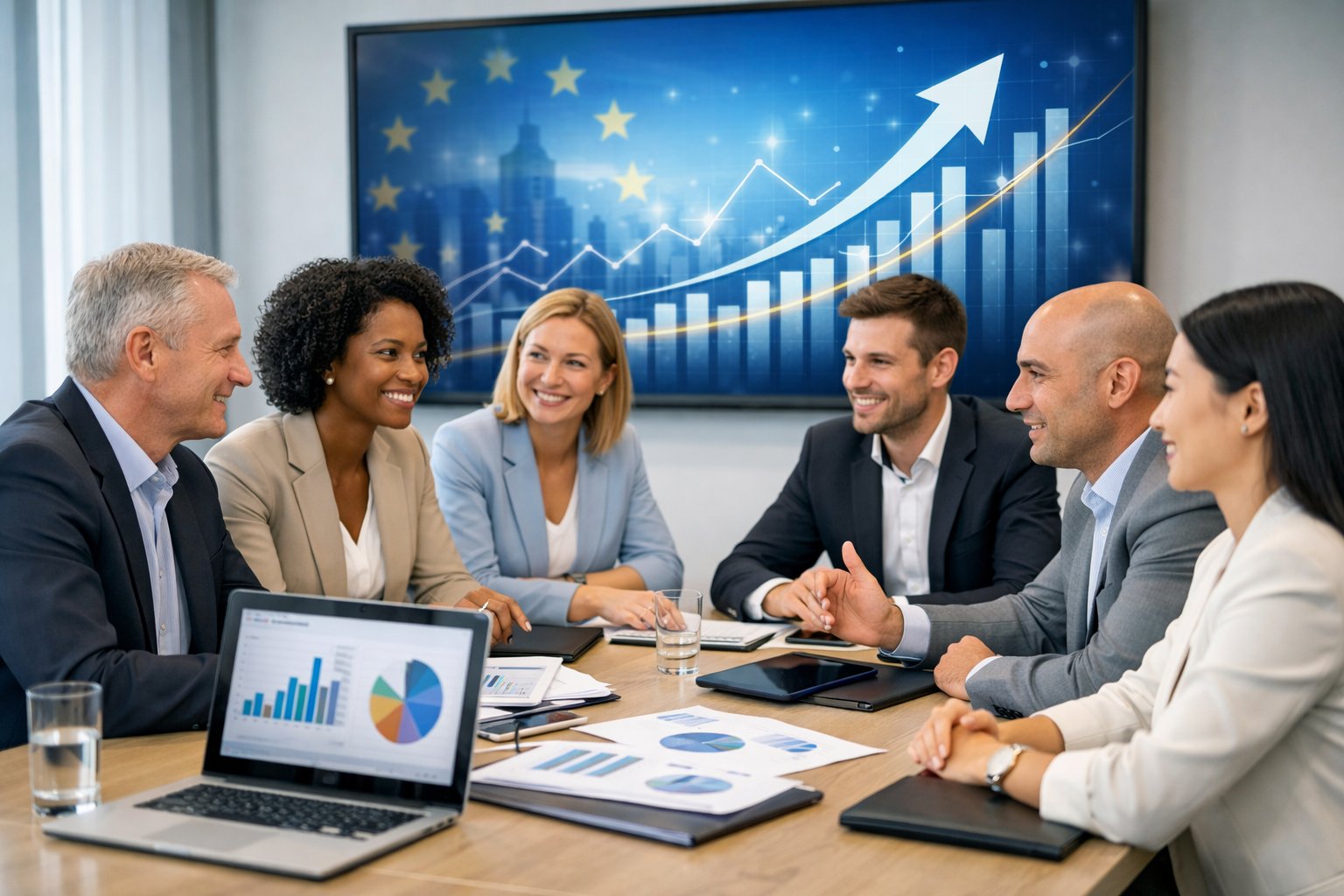 Des professionnels divers en réunion dans un bureau moderne, discutant autour d'une table avec des ordinateurs et des graphiques financiers.