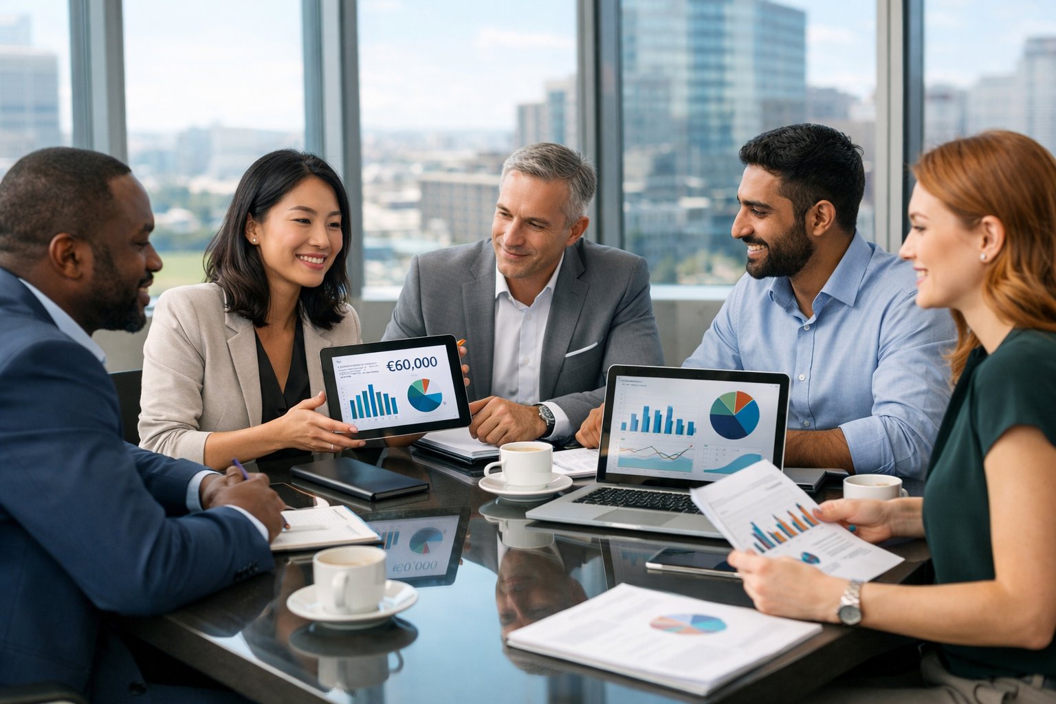 Un groupe de professionnels en réunion autour d'une table de conférence dans un bureau moderne, discutant de stratégies pour les PME en 2026.