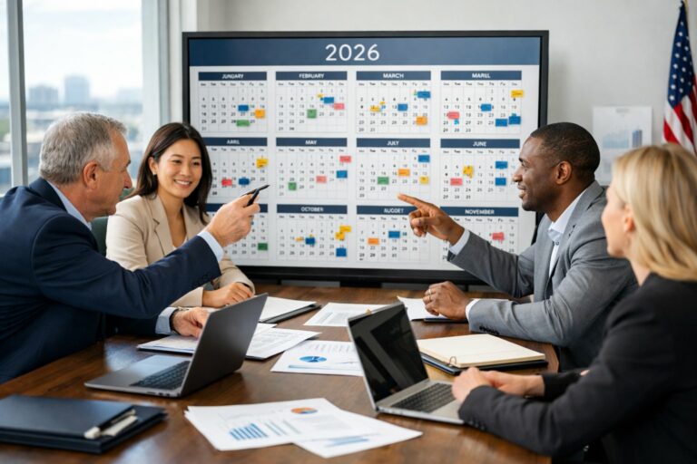 Groupe de professionnels en réunion dans une salle de conférence moderne, planifiant un calendrier pour l'année 2026.