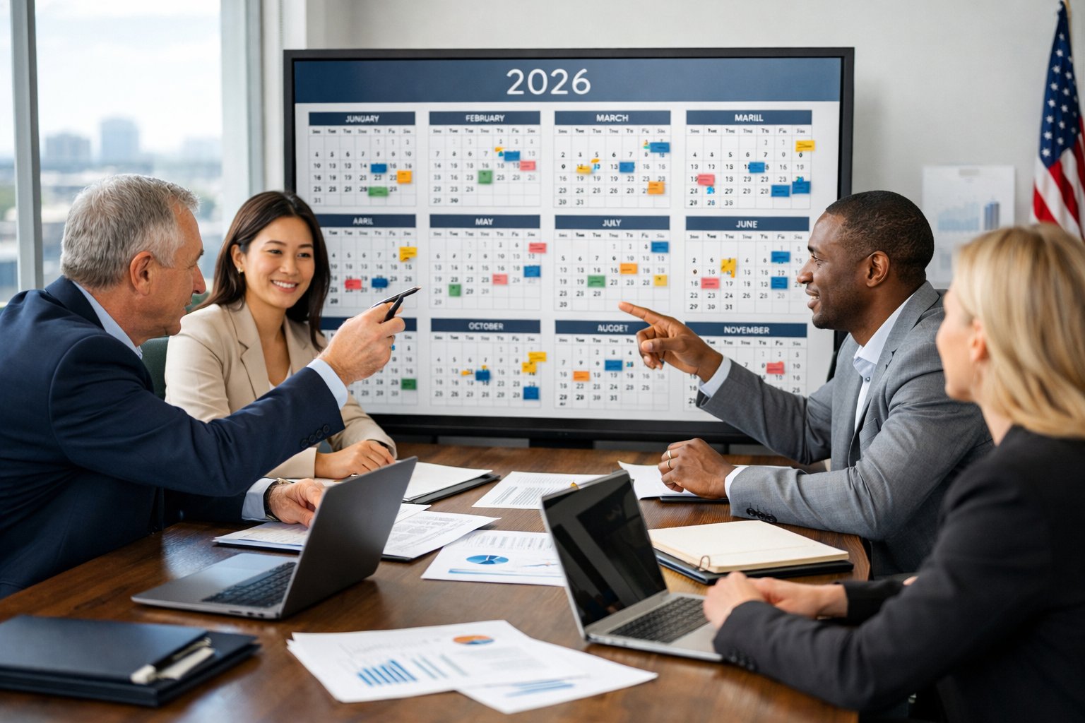 Groupe de professionnels en réunion dans une salle de conférence moderne, planifiant un calendrier pour l'année 2026.