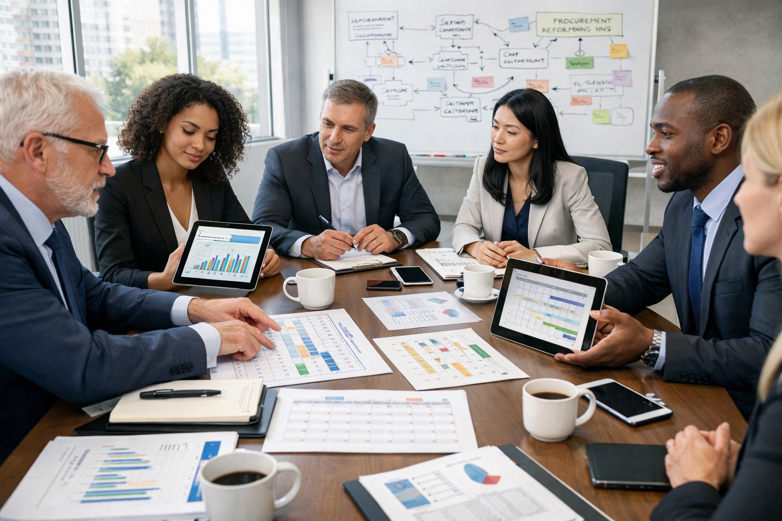 Des professionnels en réunion autour d'une table, examinant des documents et des tablettes numériques dans une salle de conférence lumineuse.