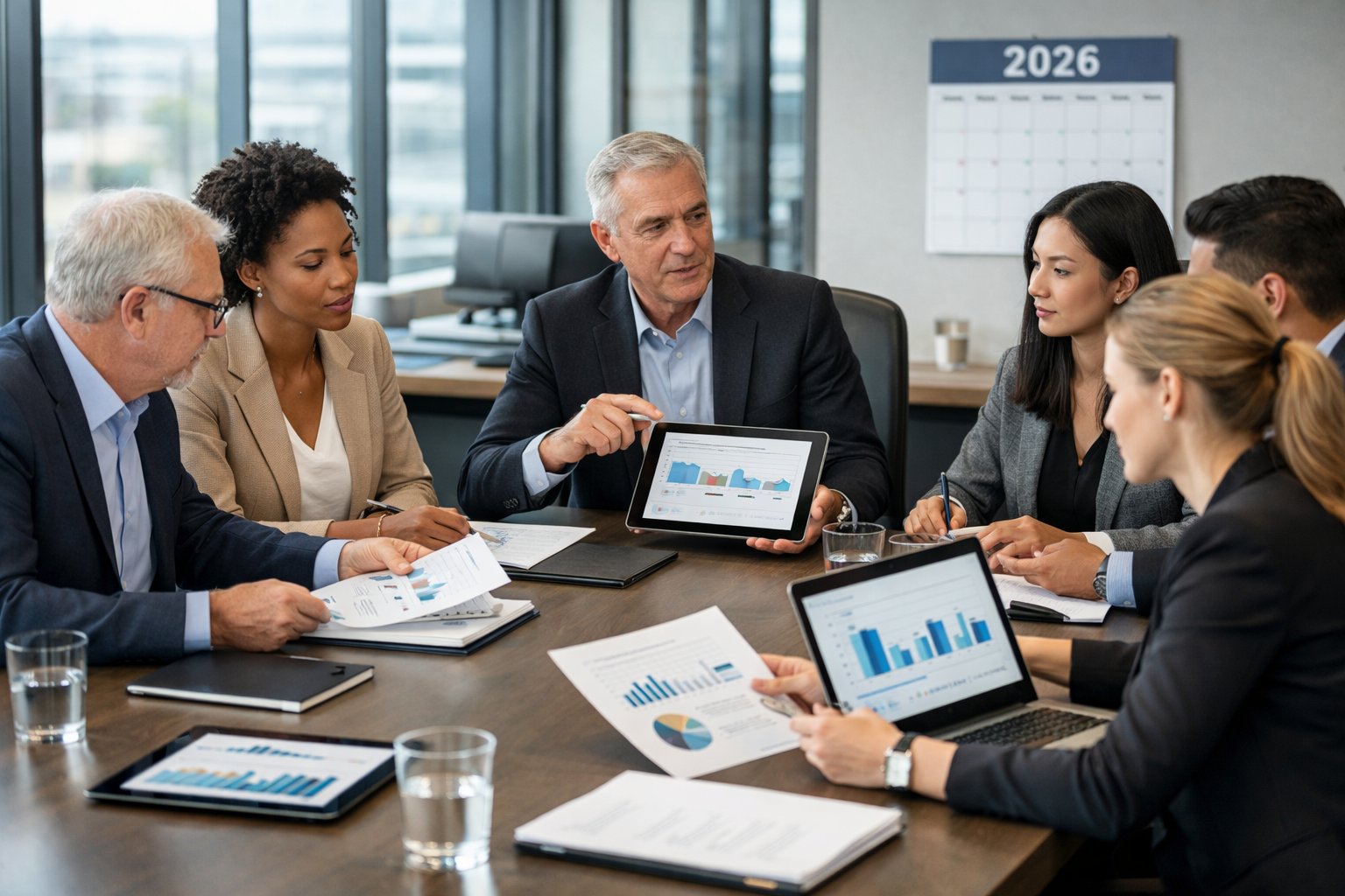 Un groupe de professionnels en réunion dans un bureau moderne, examinant des documents et des écrans avec des graphiques liés à une réforme de la commande publique pour 2026.