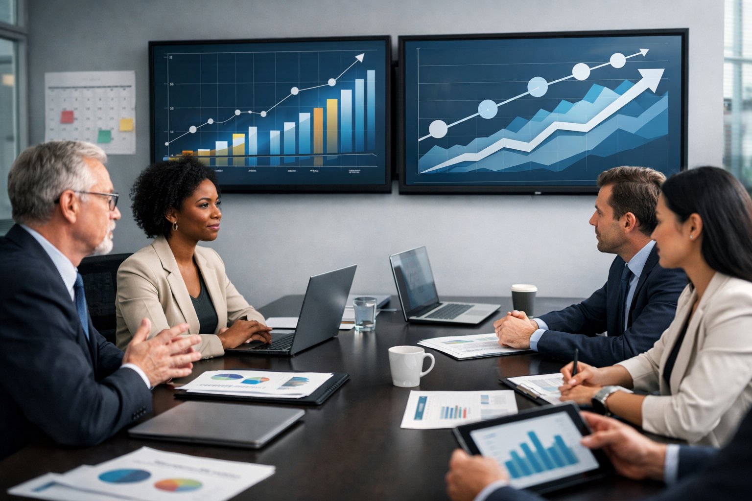 Un groupe de professionnels en réunion autour d'une table dans un bureau moderne, discutant et analysant des graphiques et des calendriers sur des écrans numériques.