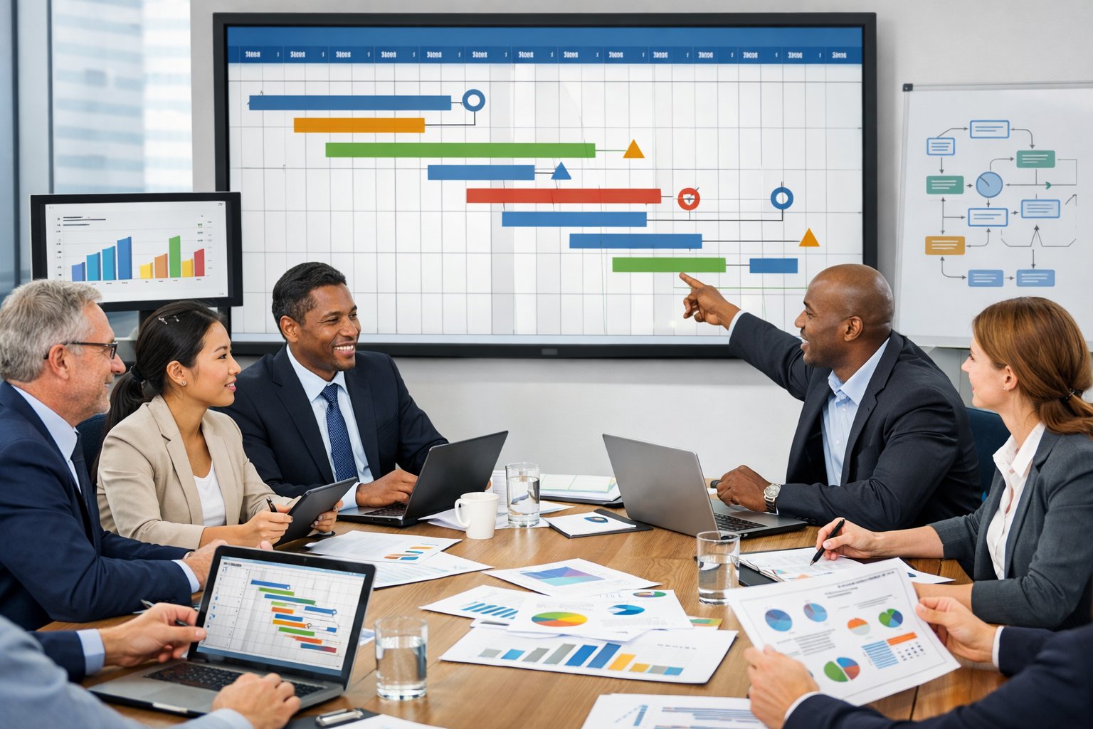 Des professionnels en réunion autour d'une table avec un grand écran affichant un calendrier de projet en arrière-plan.