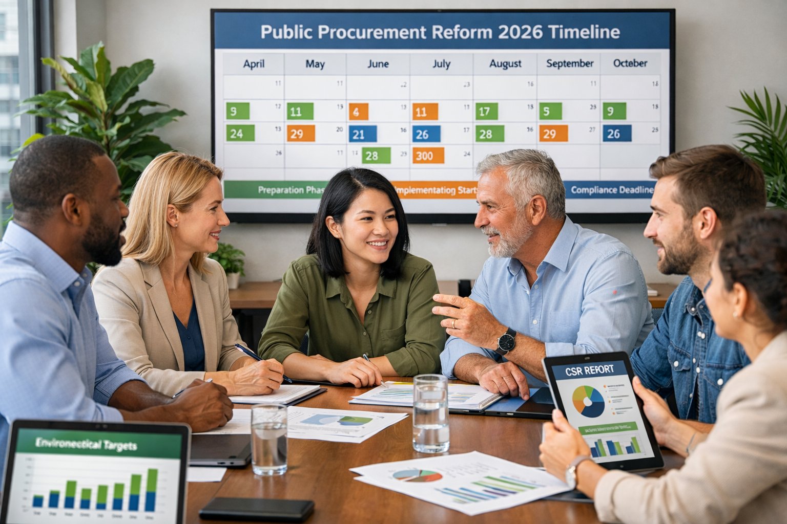 Un groupe de professionnels en réunion autour d'une table avec des documents et un écran montrant un calendrier de réforme, dans un bureau lumineux avec des plantes.