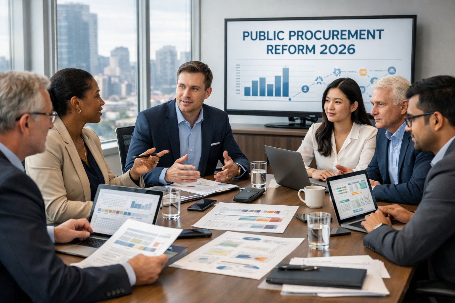 Un groupe de professionnels en réunion autour d'une table de conférence avec des documents et des ordinateurs dans un bureau moderne.