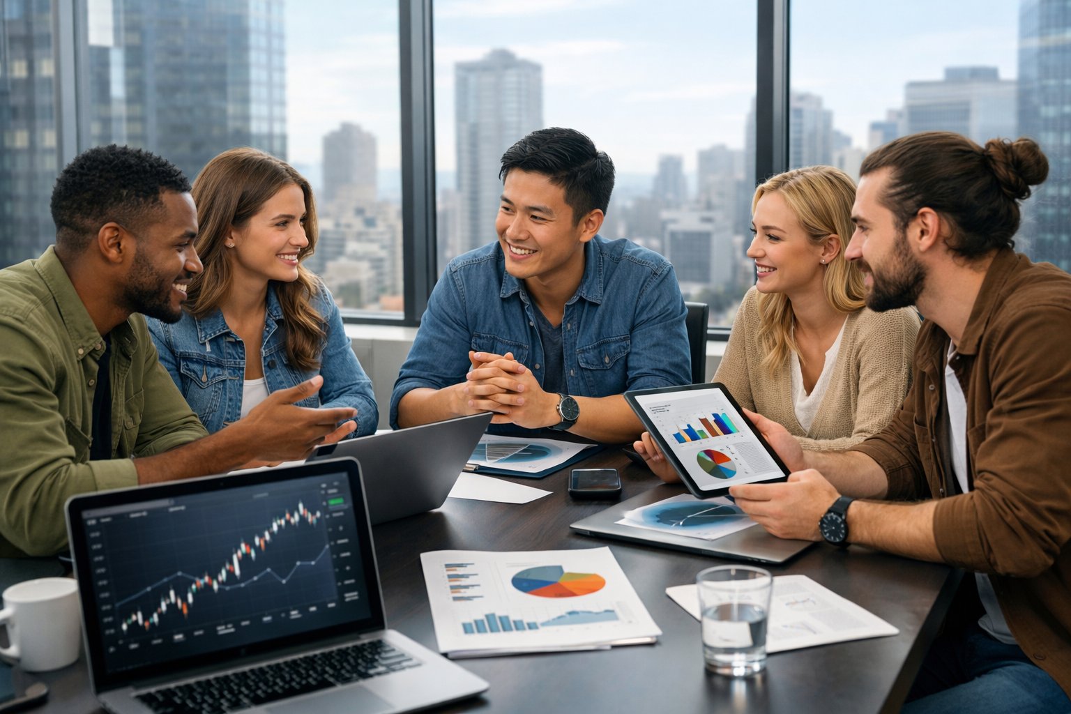 Une équipe de jeunes entrepreneurs en réunion dans un bureau moderne, travaillant ensemble autour d'une table avec des ordinateurs et des documents.
