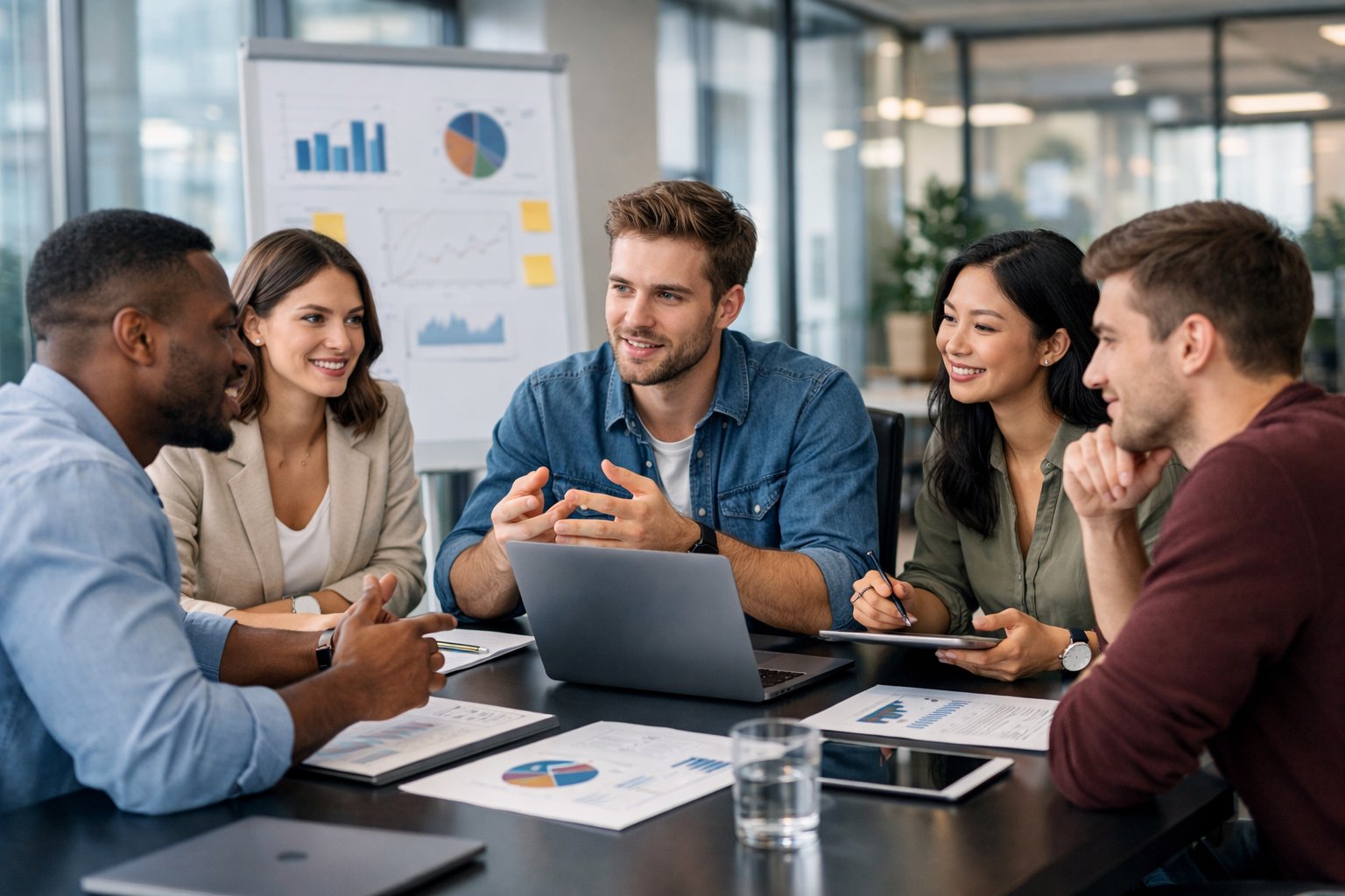 Une équipe de jeunes professionnels en réunion dans un bureau moderne, discutant autour d'une table avec des ordinateurs et des documents.