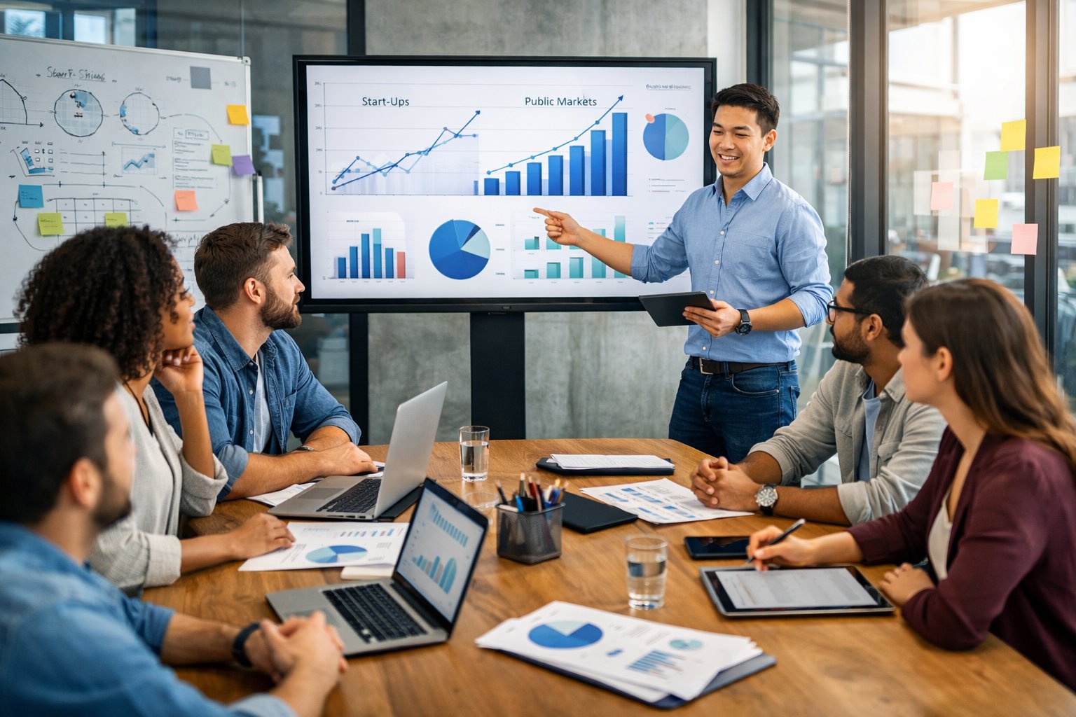 Un groupe de jeunes professionnels diversifiés en réunion dans un bureau moderne, collaborant autour d'un écran numérique avec des graphiques et des documents liés aux start-up et aux marchés publics.